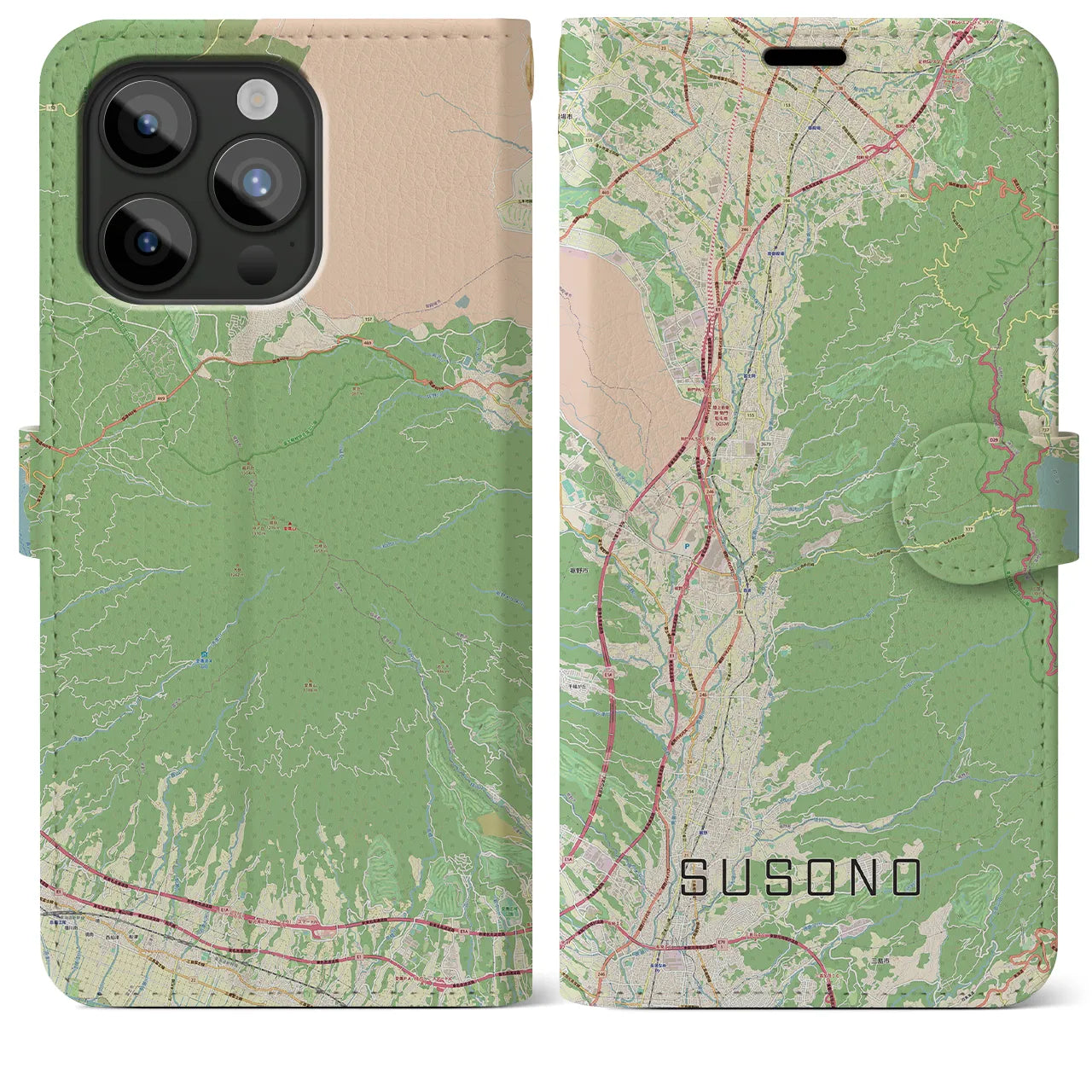【裾野】地図柄iPhoneケース（手帳両面タイプ・ナチュラル）iPhone 15 Pro Max 用