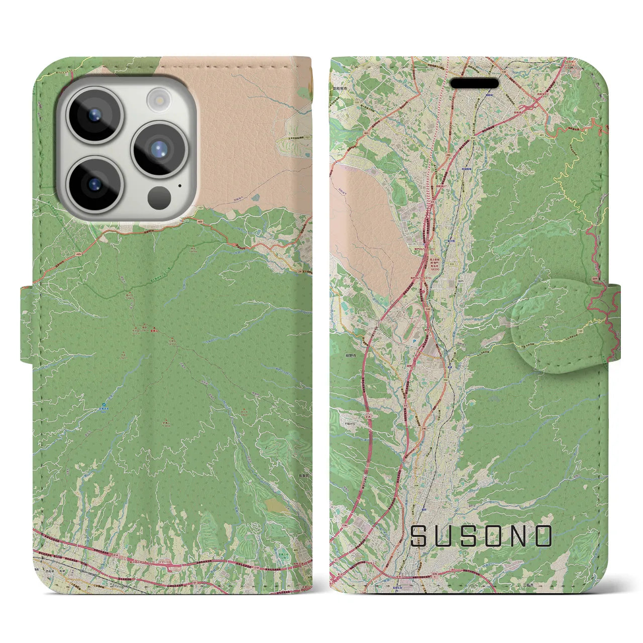 【裾野】地図柄iPhoneケース（手帳両面タイプ・ナチュラル）iPhone 15 Pro 用