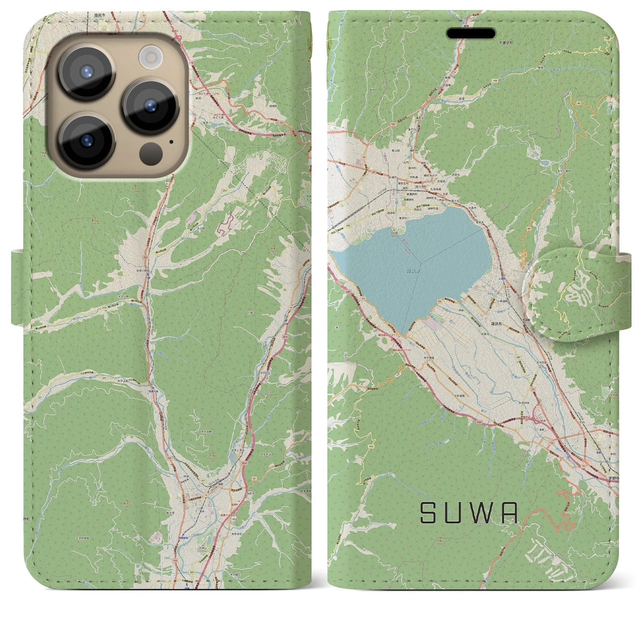 【諏訪】地図柄iPhoneケース（手帳両面タイプ・ナチュラル）iPhone 14 Pro Max 用