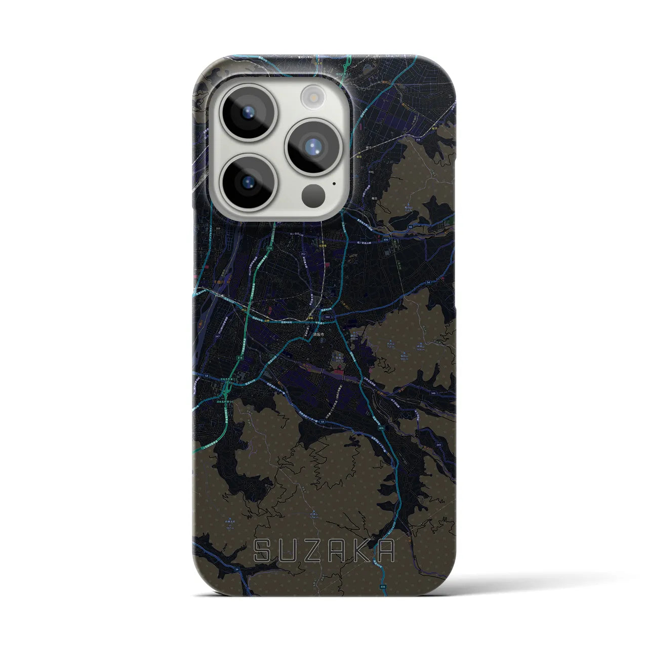 【須坂】地図柄iPhoneケース（バックカバータイプ・ブラック）iPhone 15 Pro 用