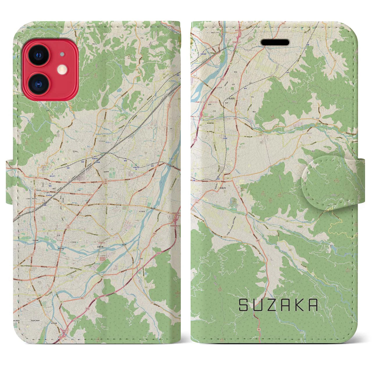 【須坂】地図柄iPhoneケース（手帳両面タイプ・ナチュラル）iPhone 11 用