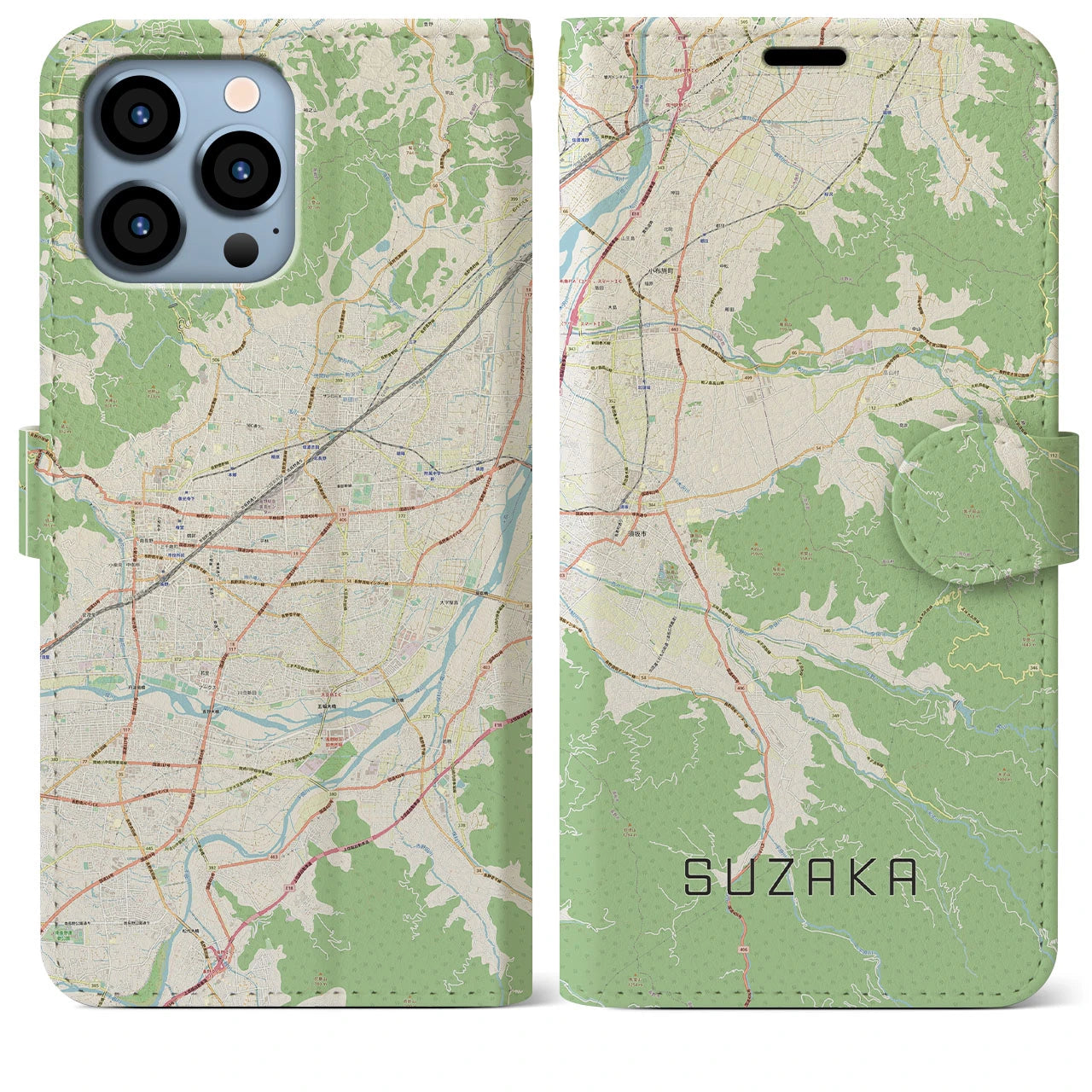 【須坂】地図柄iPhoneケース（手帳両面タイプ・ナチュラル）iPhone 13 Pro Max 用