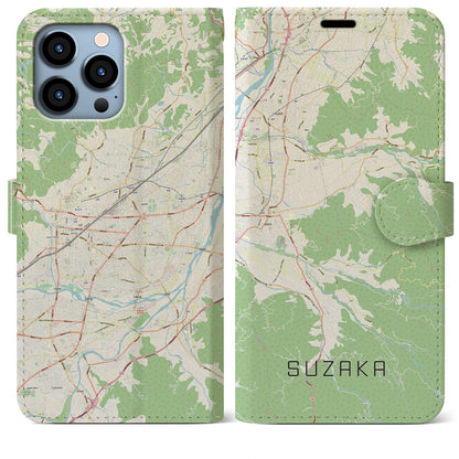 【須坂（長野県）】地図柄iPhoneケース（手帳タイプ）ナチュラル・iPhone 13 Pro Max 用