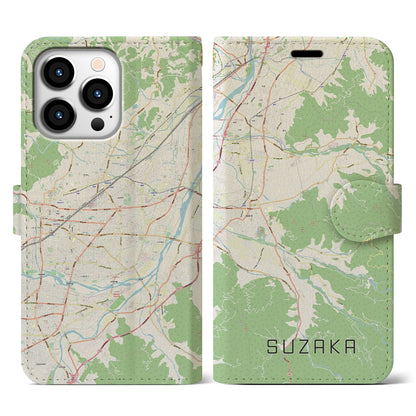 【須坂（長野県）】地図柄iPhoneケース（手帳タイプ）ナチュラル・iPhone 13 Pro 用