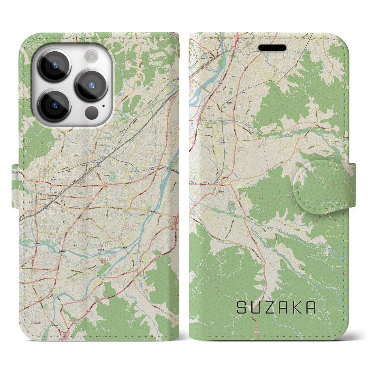 【須坂】地図柄iPhoneケース（手帳両面タイプ・ナチュラル）iPhone 14 Pro 用