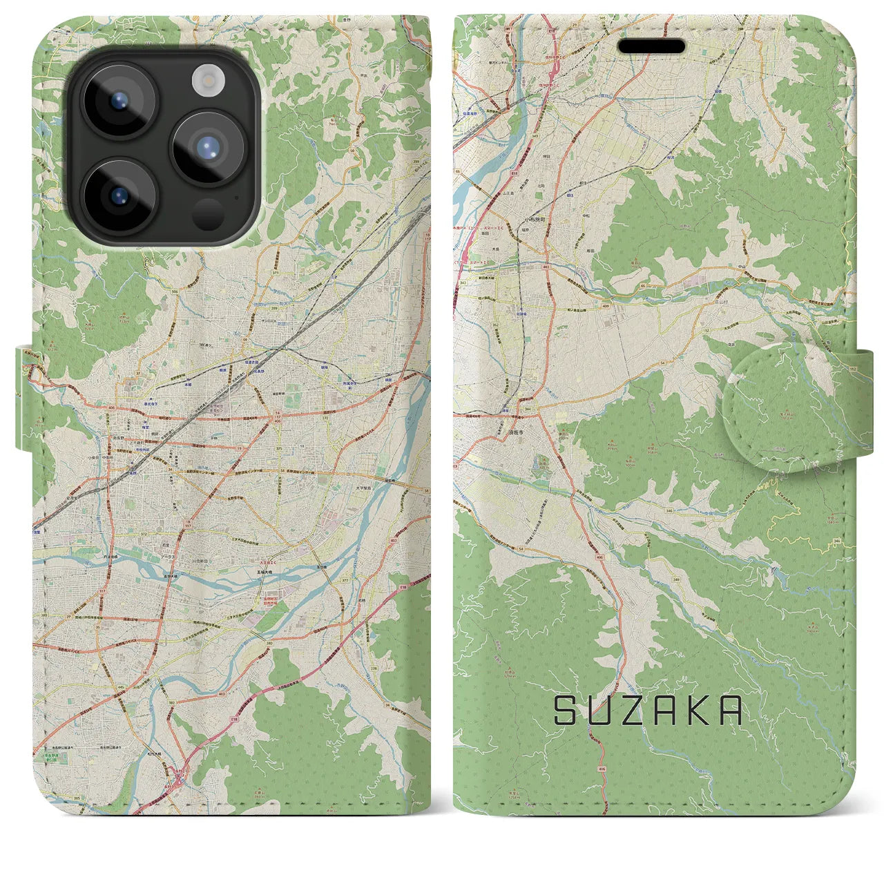 【須坂】地図柄iPhoneケース（手帳両面タイプ・ナチュラル）iPhone 15 Pro Max 用