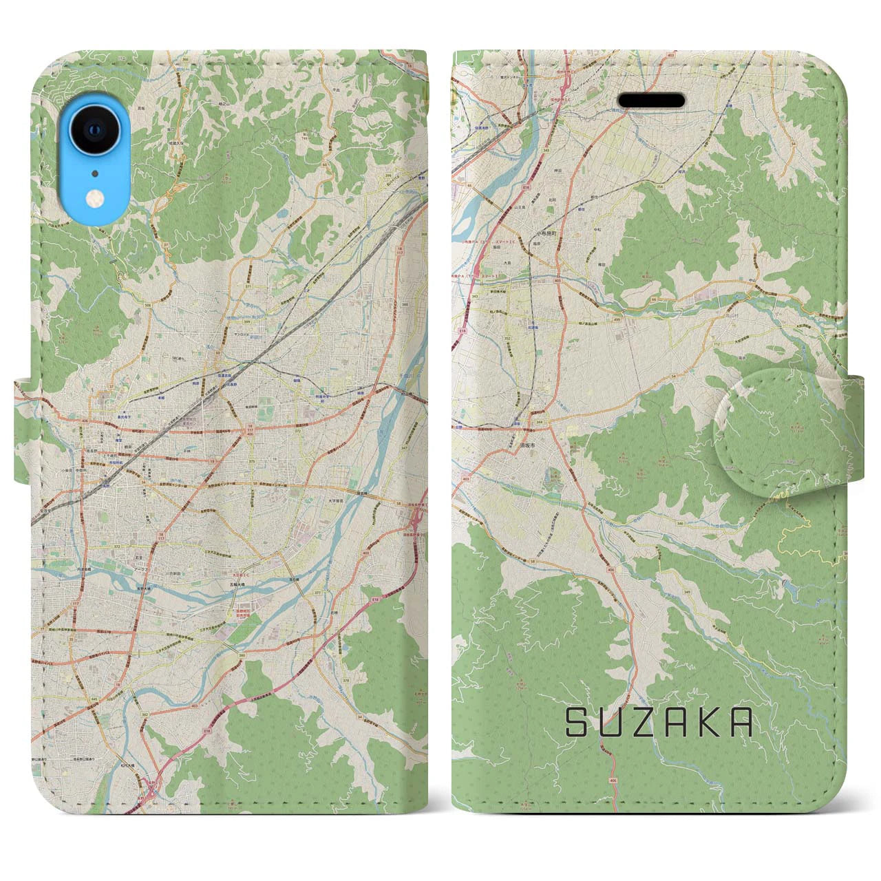 【須坂】地図柄iPhoneケース（手帳両面タイプ・ナチュラル）iPhone XR 用