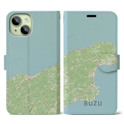 【珠洲（石川県）】地図柄iPhoneケース（手帳タイプ）ナチュラル・iPhone 15 用