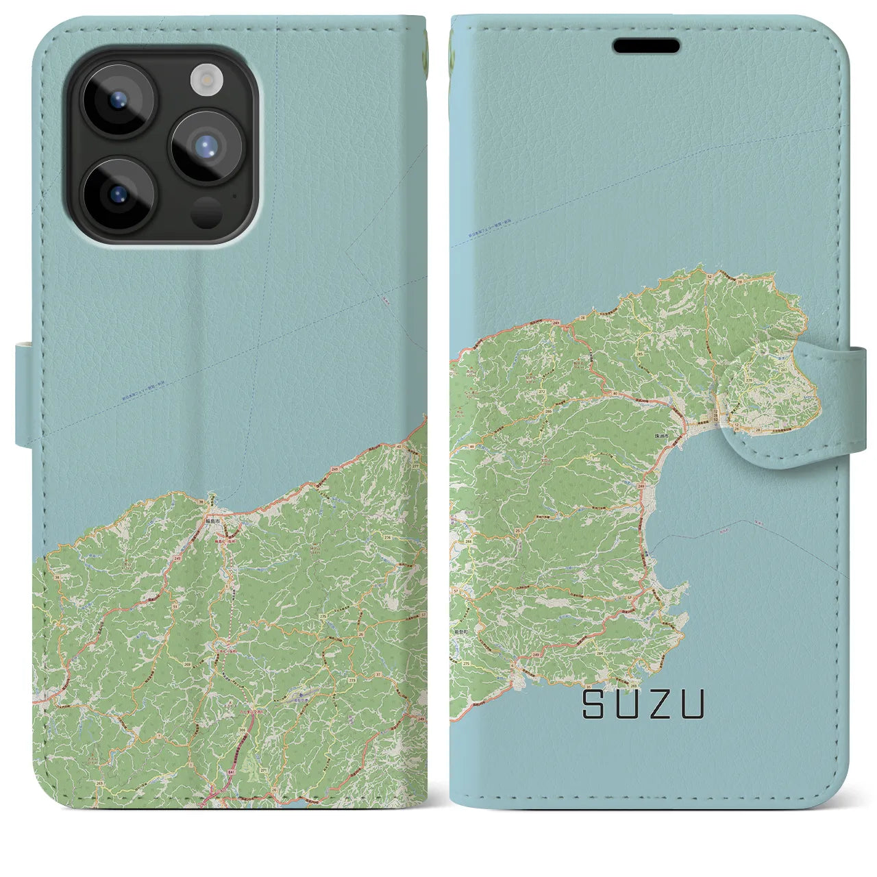 【珠洲】地図柄iPhoneケース（手帳両面タイプ・ナチュラル）iPhone 15 Pro Max 用