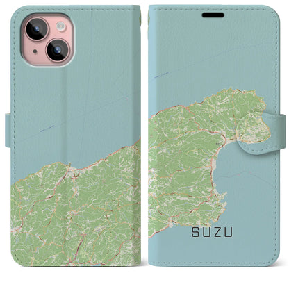 【珠洲（石川県）】地図柄iPhoneケース（手帳タイプ）ナチュラル・iPhone 15 Plus 用