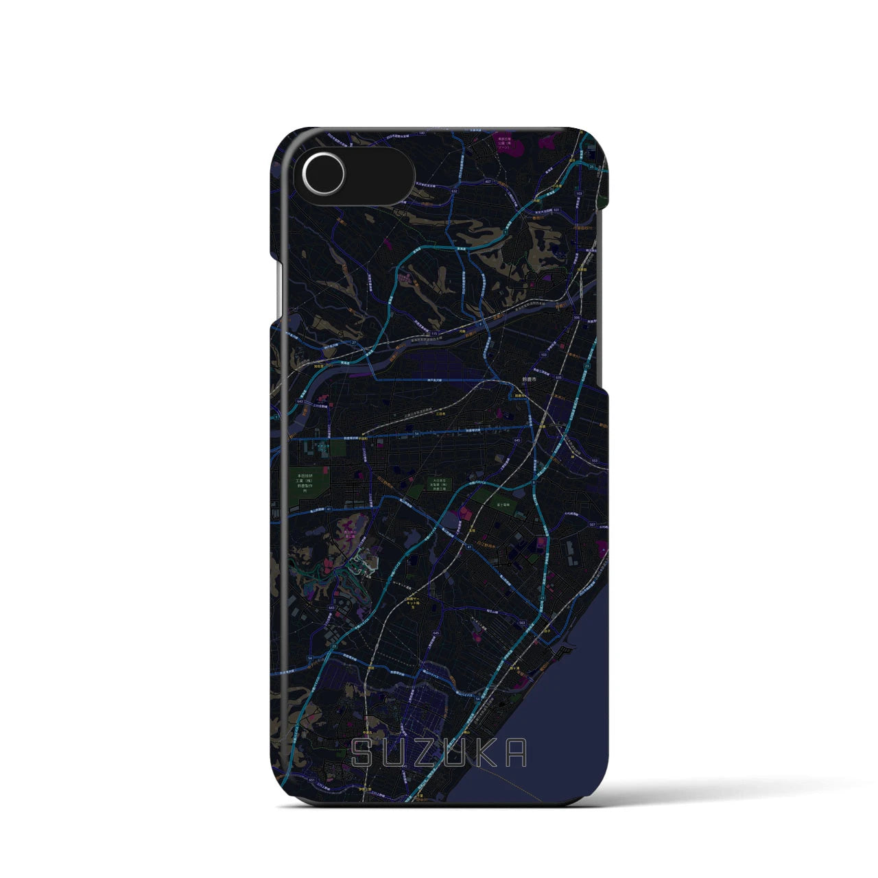 【鈴鹿】地図柄iPhoneケース（バックカバータイプ・ブラック）iPhone SE（第3 / 第2世代） / 8 / 7 / 6s / 6 用