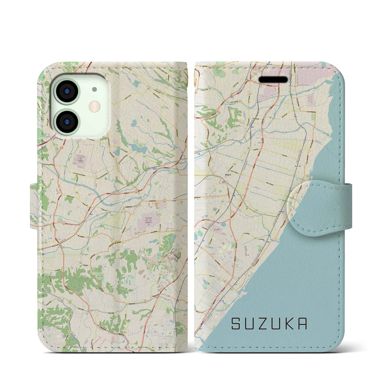 【鈴鹿】地図柄iPhoneケース（手帳両面タイプ・ナチュラル）iPhone 12 mini 用
