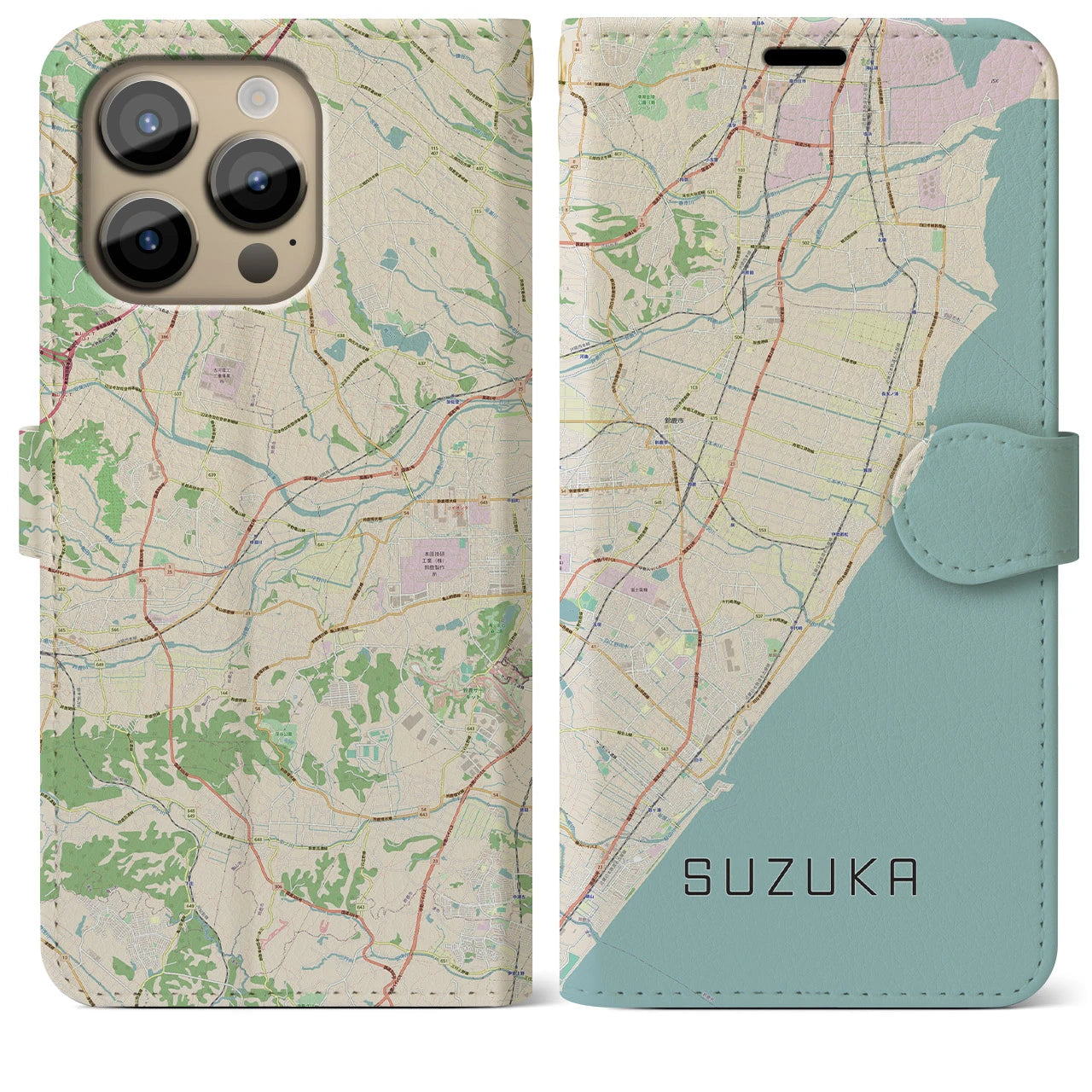 【鈴鹿】地図柄iPhoneケース（手帳両面タイプ・ナチュラル）iPhone 14 Pro Max 用