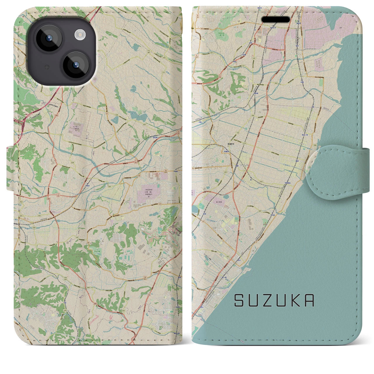 【鈴鹿】地図柄iPhoneケース（手帳両面タイプ・ナチュラル）iPhone 14 Plus 用