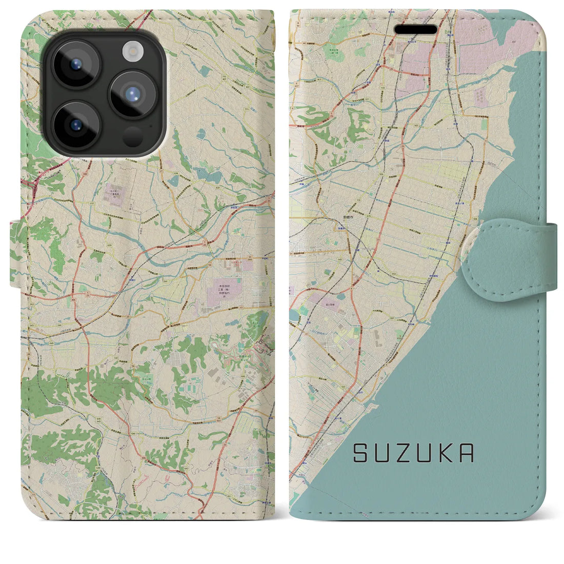 【鈴鹿】地図柄iPhoneケース（手帳両面タイプ・ナチュラル）iPhone 15 Pro Max 用
