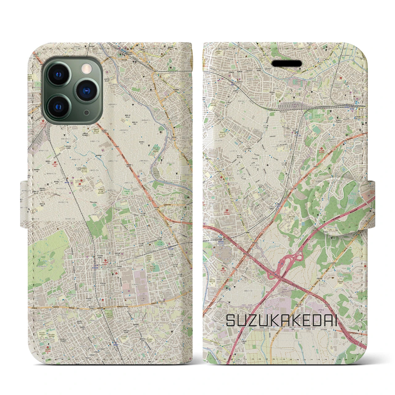 【すずかけ台】地図柄iPhoneケース（手帳両面タイプ・ナチュラル）iPhone 11 Pro 用