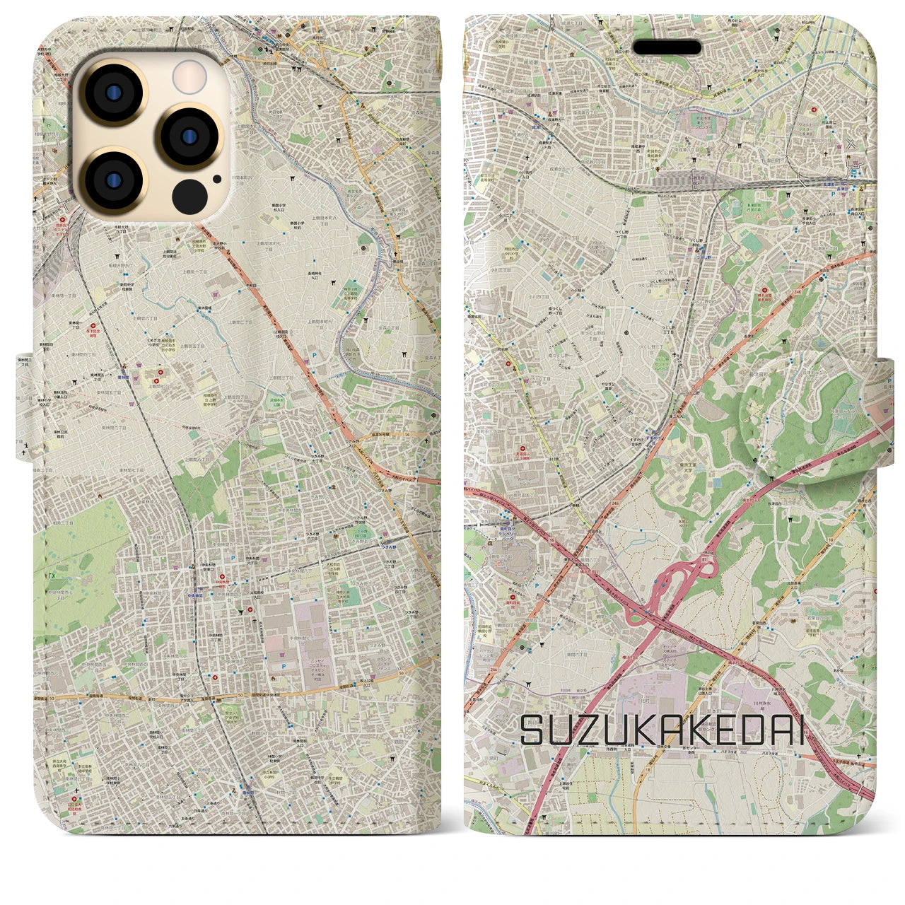 【すずかけ台】地図柄iPhoneケース（手帳両面タイプ・ナチュラル）iPhone 12 Pro Max 用