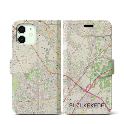 【すずかけ台（東京都）】地図柄iPhoneケース（手帳タイプ）ナチュラル・iPhone 12 mini 用