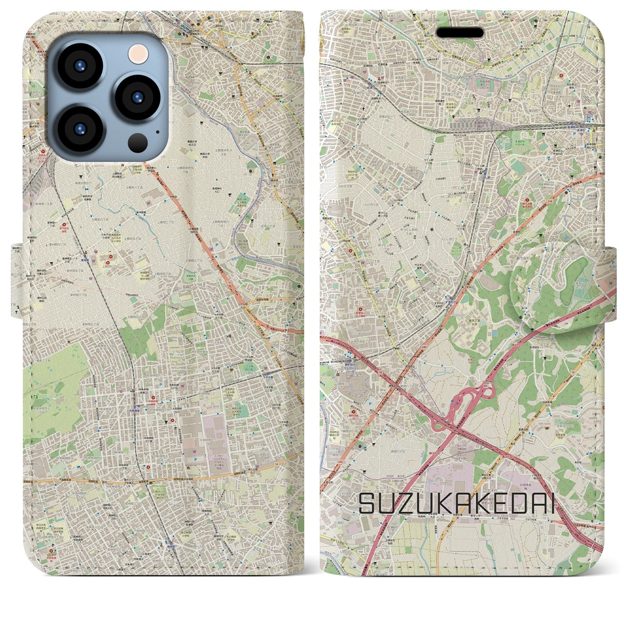 【すずかけ台】地図柄iPhoneケース（手帳両面タイプ・ナチュラル）iPhone 13 Pro Max 用