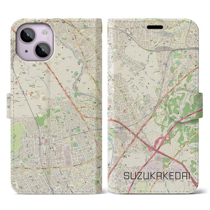 【すずかけ台（東京都）】地図柄iPhoneケース（手帳タイプ）ナチュラル・iPhone 14 用