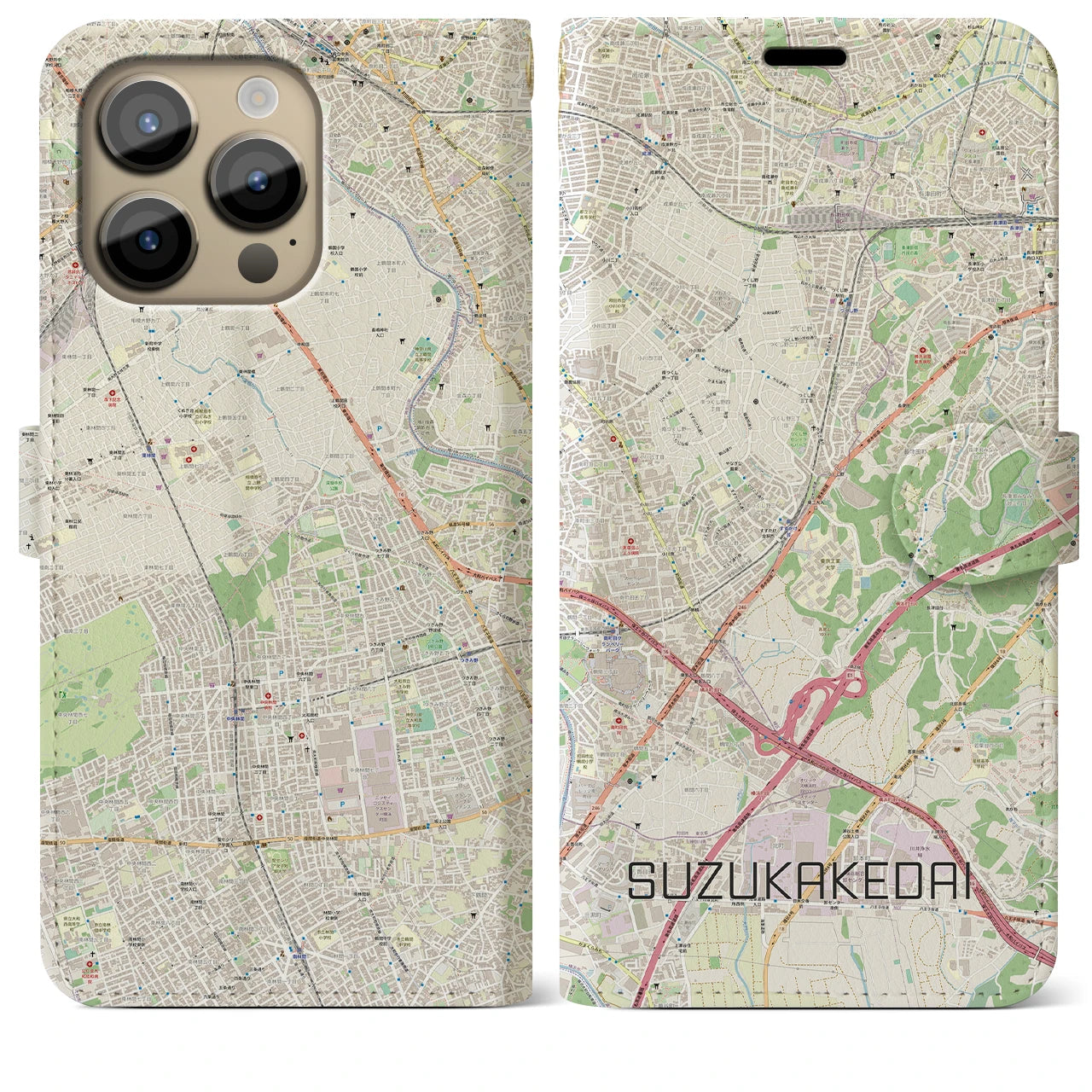 【すずかけ台】地図柄iPhoneケース（手帳両面タイプ・ナチュラル）iPhone 14 Pro Max 用