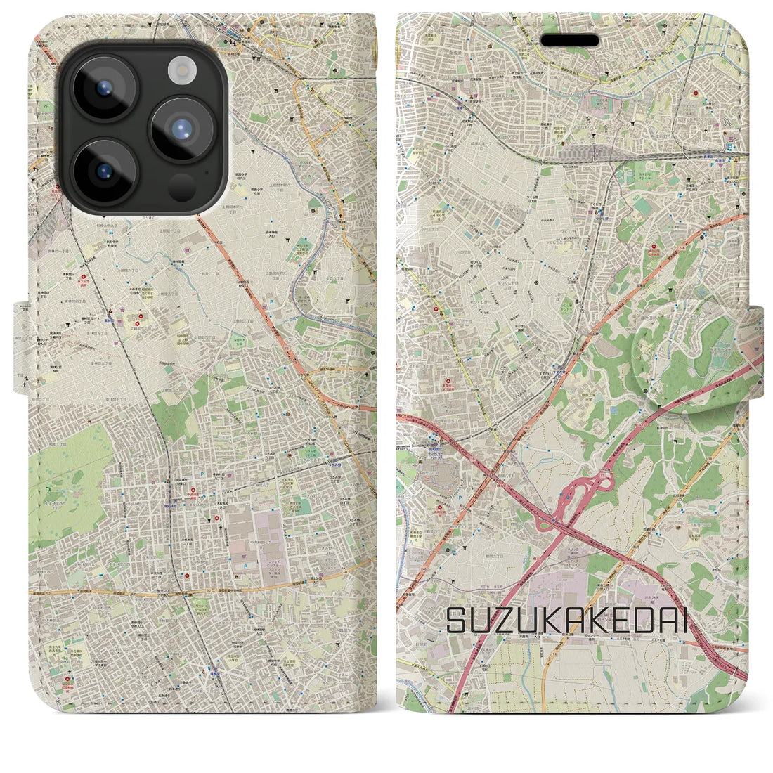 【すずかけ台】地図柄iPhoneケース（手帳両面タイプ・ナチュラル）iPhone 15 Pro Max 用