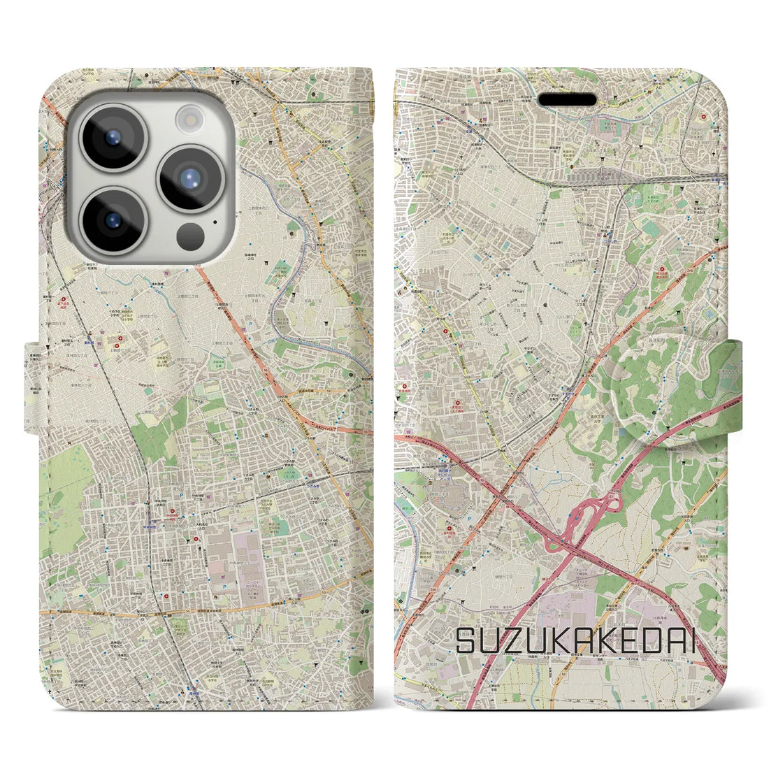 【すずかけ台】地図柄iPhoneケース（手帳両面タイプ・ナチュラル）iPhone 15 Pro 用