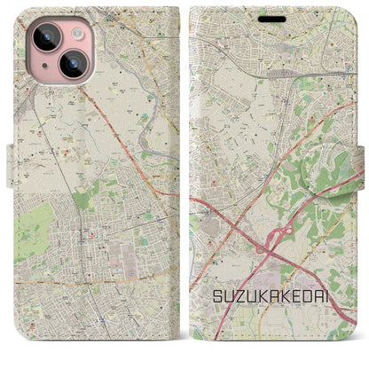 【すずかけ台（東京都）】地図柄iPhoneケース（手帳タイプ）ナチュラル・iPhone 15 Plus 用