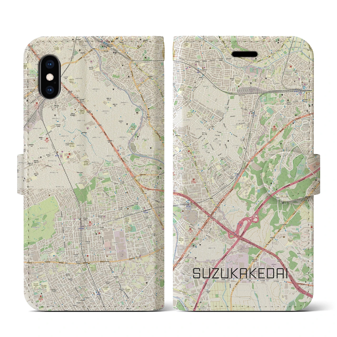 【すずかけ台】地図柄iPhoneケース（手帳両面タイプ・ナチュラル）iPhone XS / X 用
