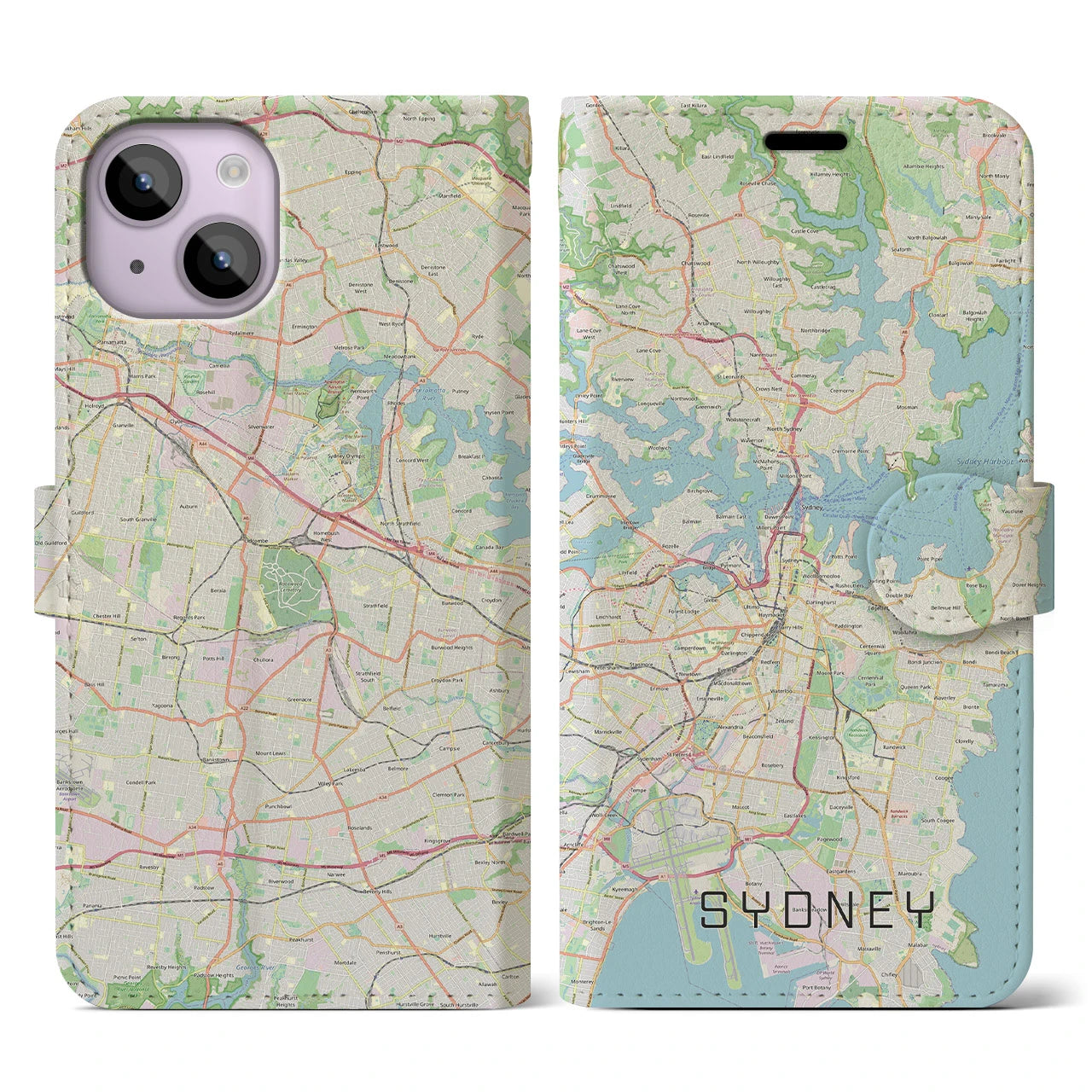 【シドニー】地図柄iPhoneケース（手帳両面タイプ・ナチュラル）iPhone 14 用