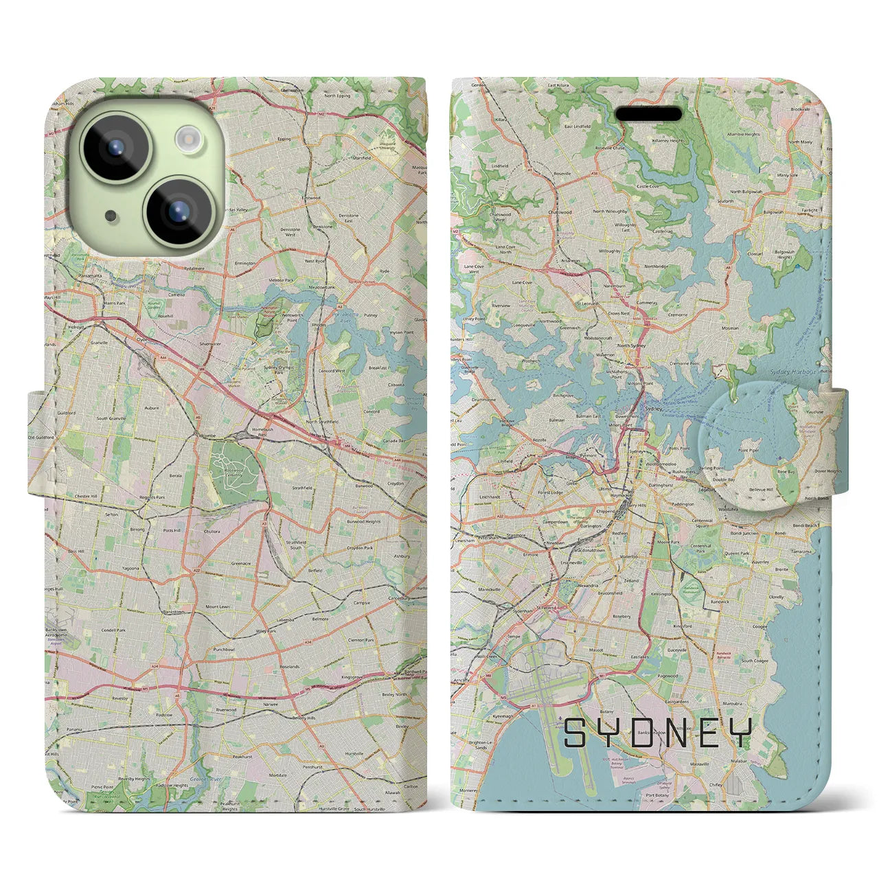 【シドニー】地図柄iPhoneケース（手帳両面タイプ・ナチュラル）iPhone 15 用