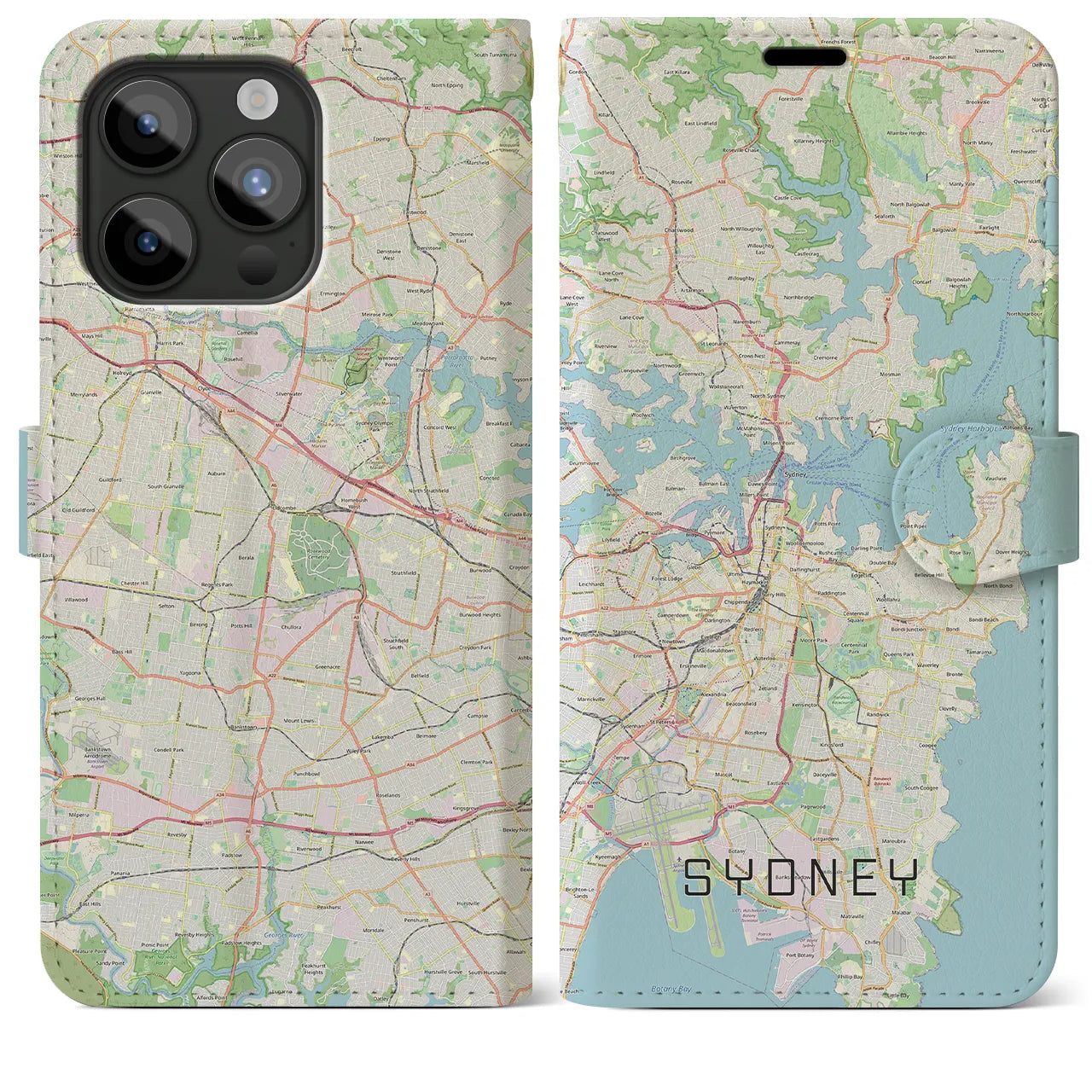 【シドニー】地図柄iPhoneケース（手帳両面タイプ・ナチュラル）iPhone 15 Pro Max 用