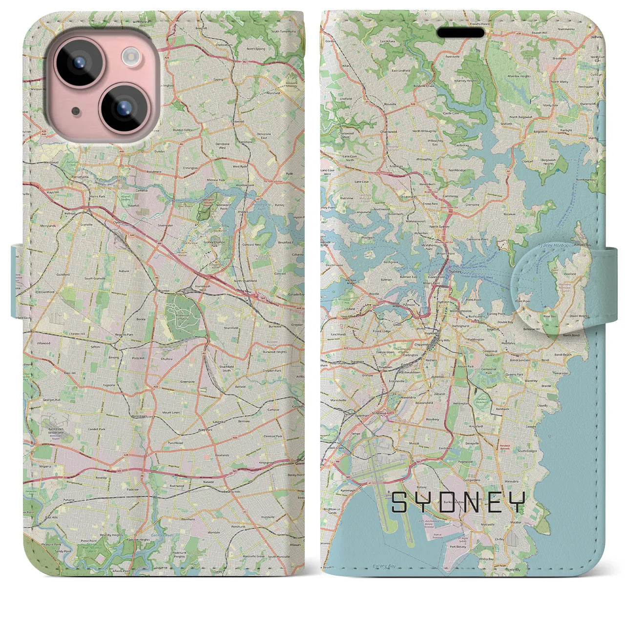 【シドニー】地図柄iPhoneケース（手帳両面タイプ・ナチュラル）iPhone 15 Plus 用