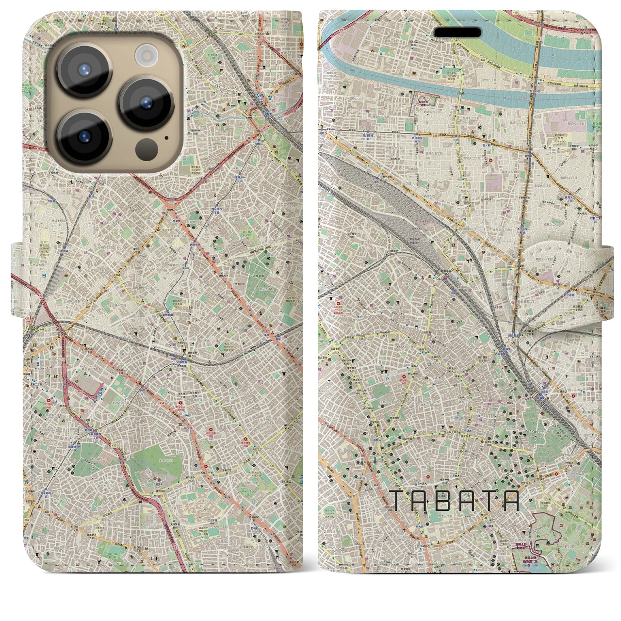 【田端】地図柄iPhoneケース（手帳両面タイプ・ナチュラル）iPhone 14 Pro Max 用
