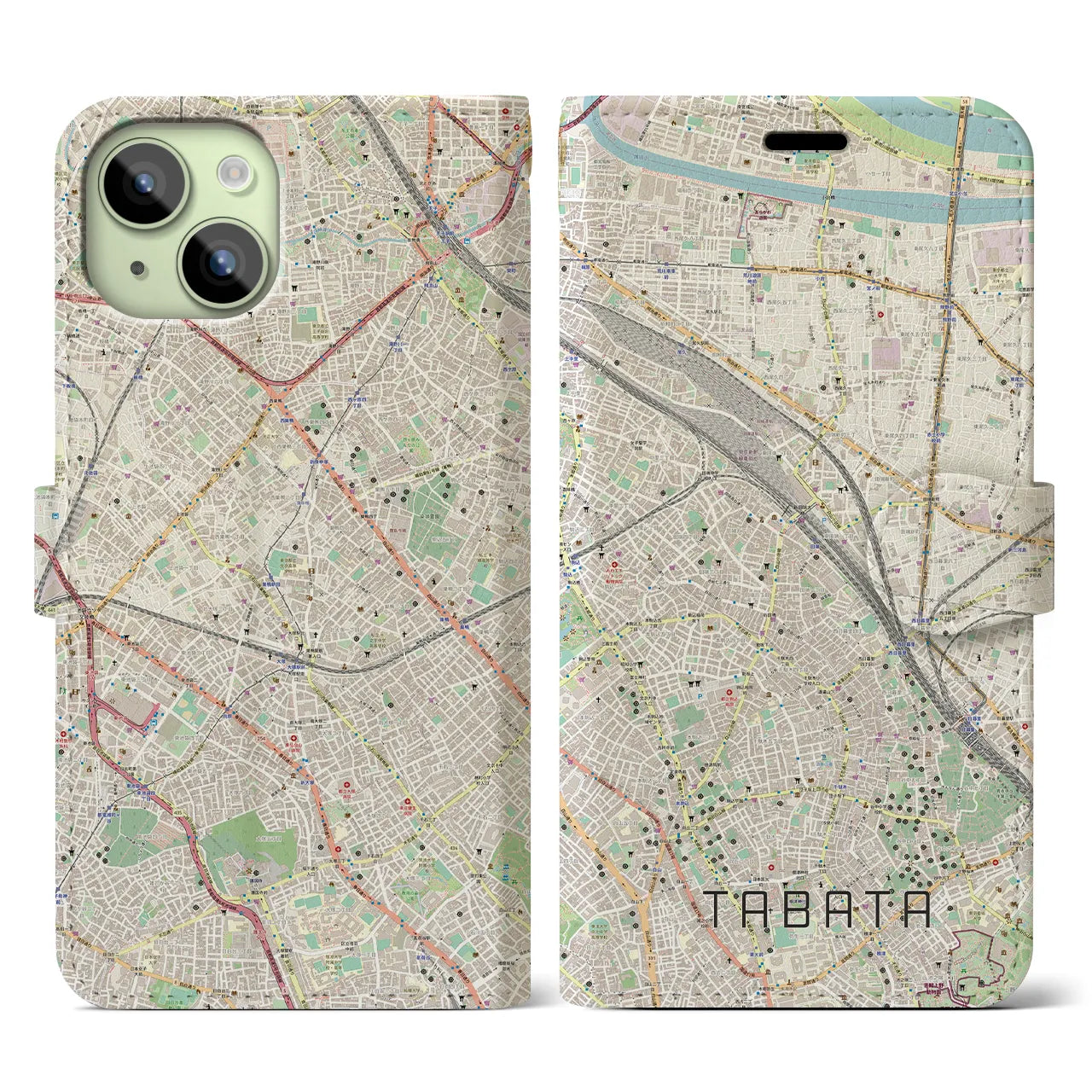 【田端】地図柄iPhoneケース（手帳両面タイプ・ナチュラル）iPhone 15 用