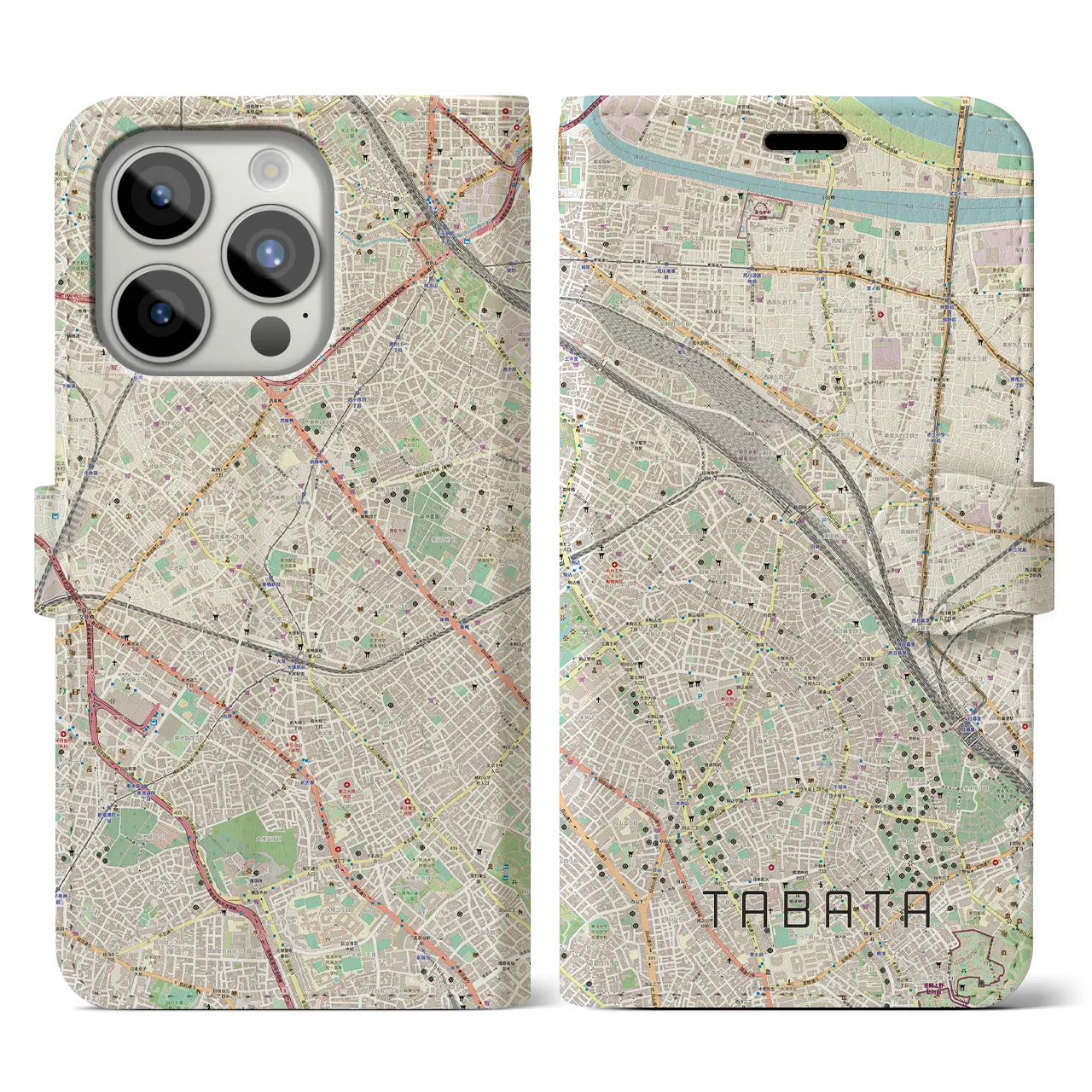【田端】地図柄iPhoneケース（手帳両面タイプ・ナチュラル）iPhone 15 Pro 用
