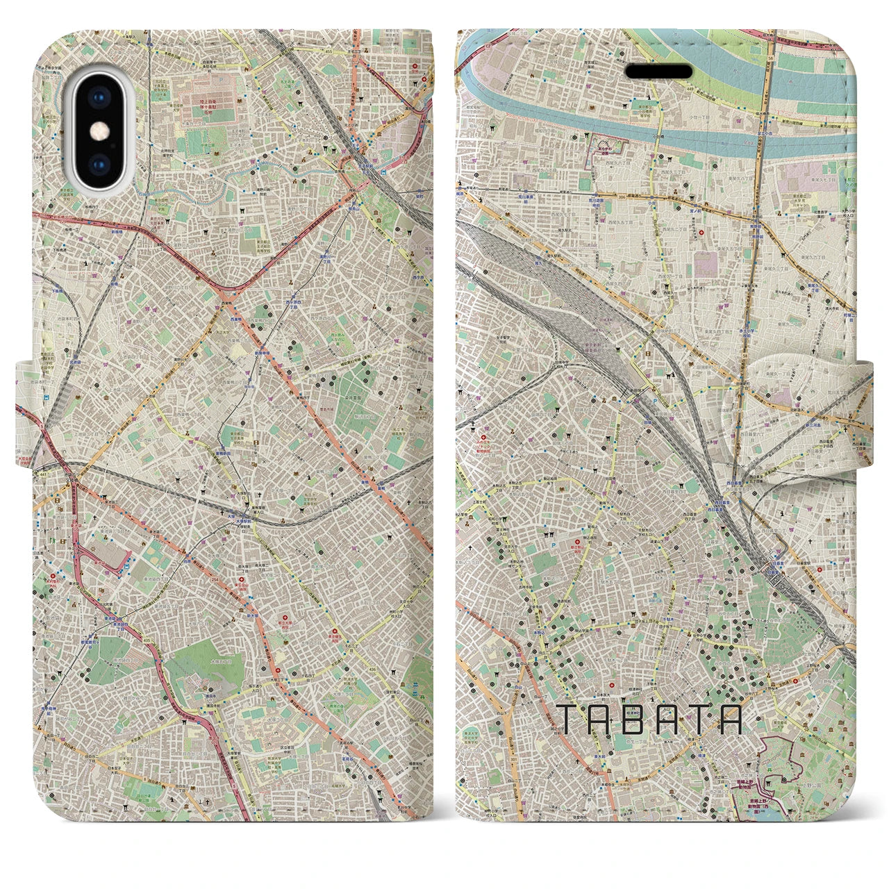 【田端】地図柄iPhoneケース（手帳両面タイプ・ナチュラル）iPhone XS Max 用