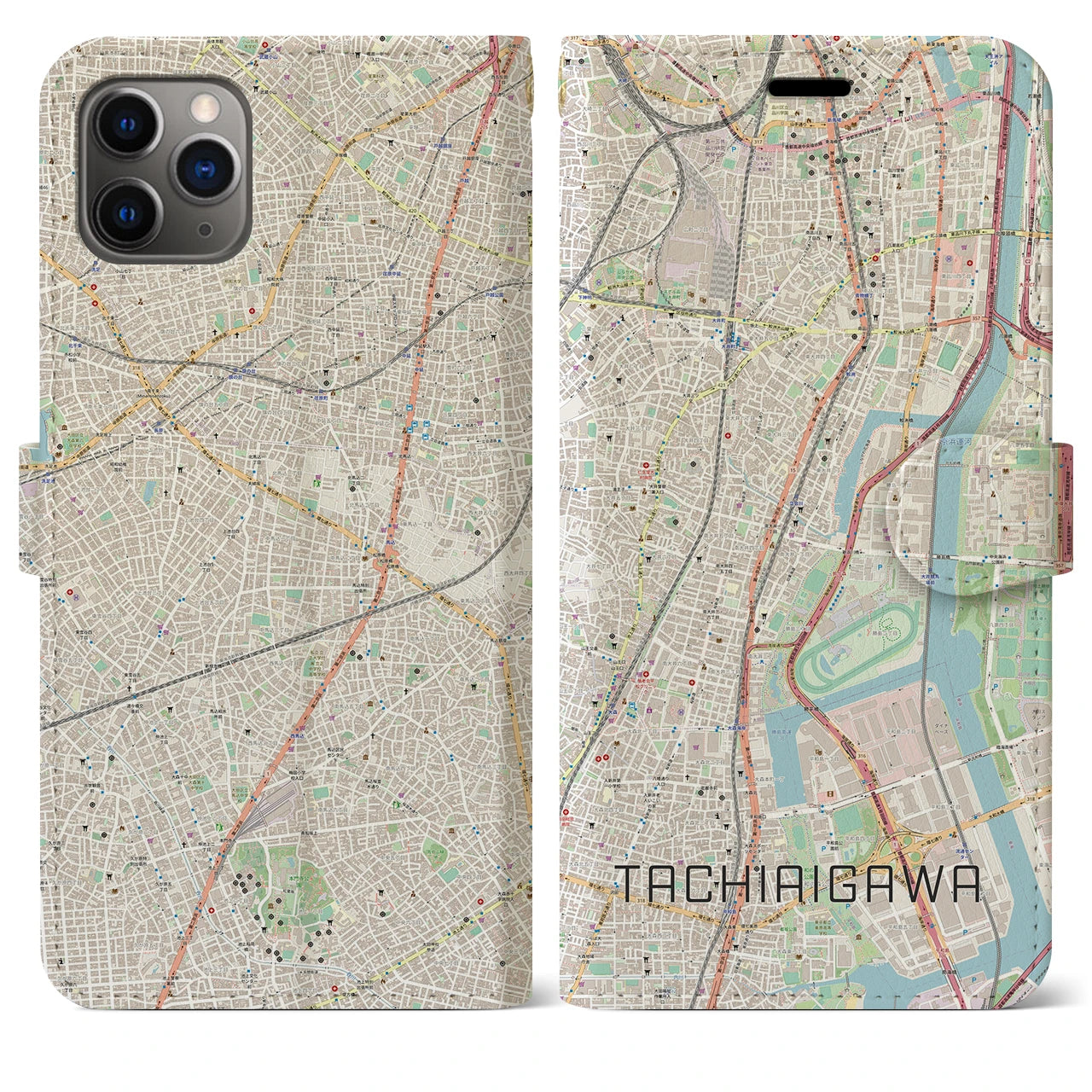 【立会川】地図柄iPhoneケース（手帳両面タイプ・ナチュラル）iPhone 11 Pro Max 用