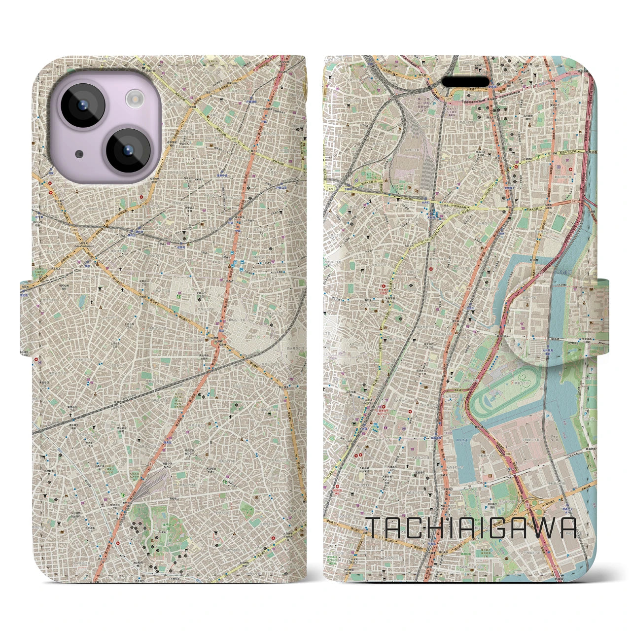 【立会川】地図柄iPhoneケース（手帳両面タイプ・ナチュラル）iPhone 14 用