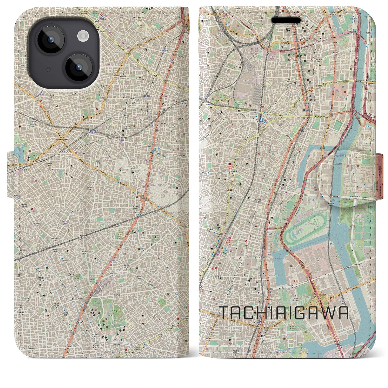 【立会川】地図柄iPhoneケース（手帳両面タイプ・ナチュラル）iPhone 14 Plus 用