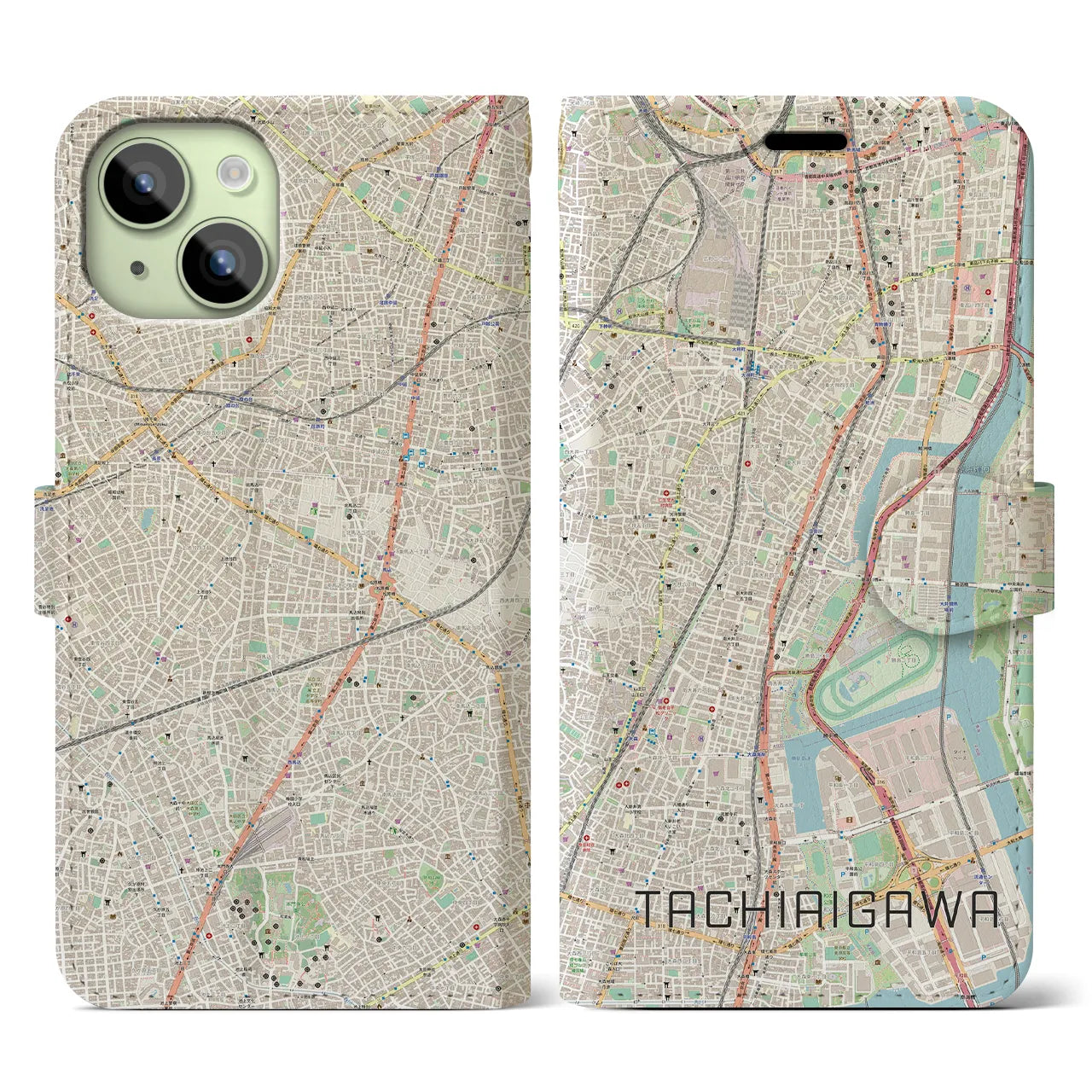 【立会川】地図柄iPhoneケース（手帳両面タイプ・ナチュラル）iPhone 15 用