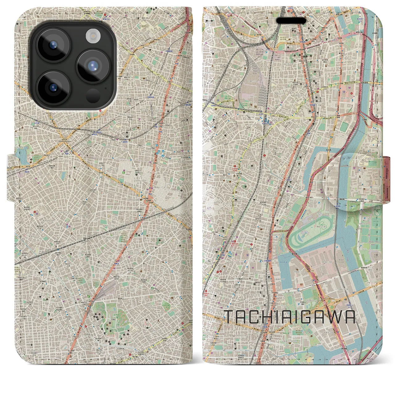 【立会川】地図柄iPhoneケース（手帳両面タイプ・ナチュラル）iPhone 15 Pro Max 用