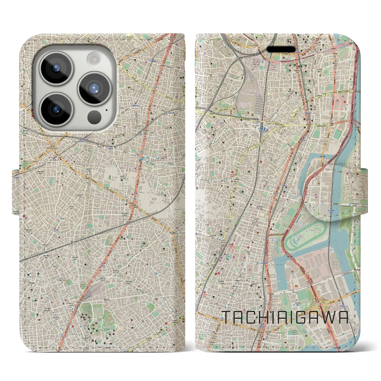 【立会川】地図柄iPhoneケース（手帳両面タイプ・ナチュラル）iPhone 15 Pro 用