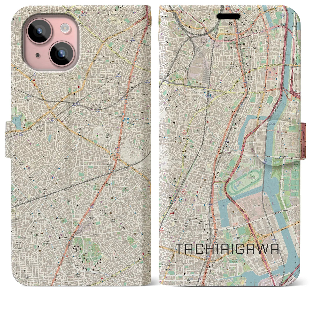 【立会川】地図柄iPhoneケース（手帳両面タイプ・ナチュラル）iPhone 15 Plus 用