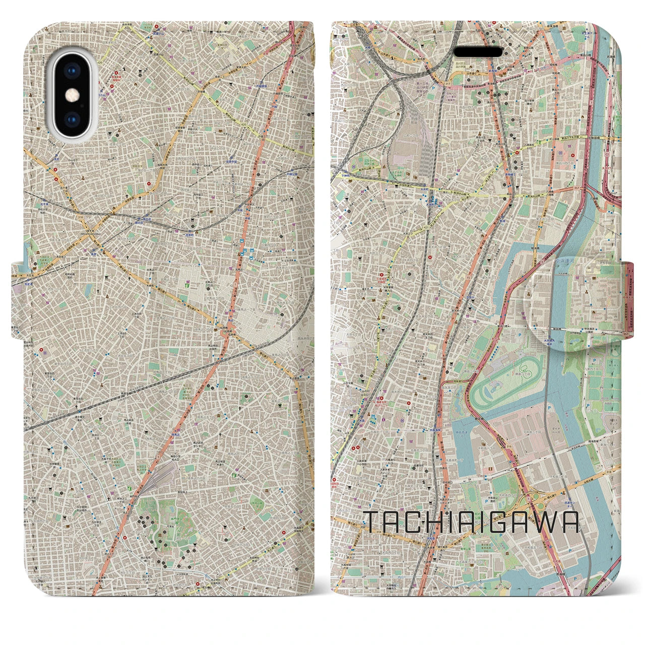 【立会川】地図柄iPhoneケース（手帳両面タイプ・ナチュラル）iPhone XS Max 用