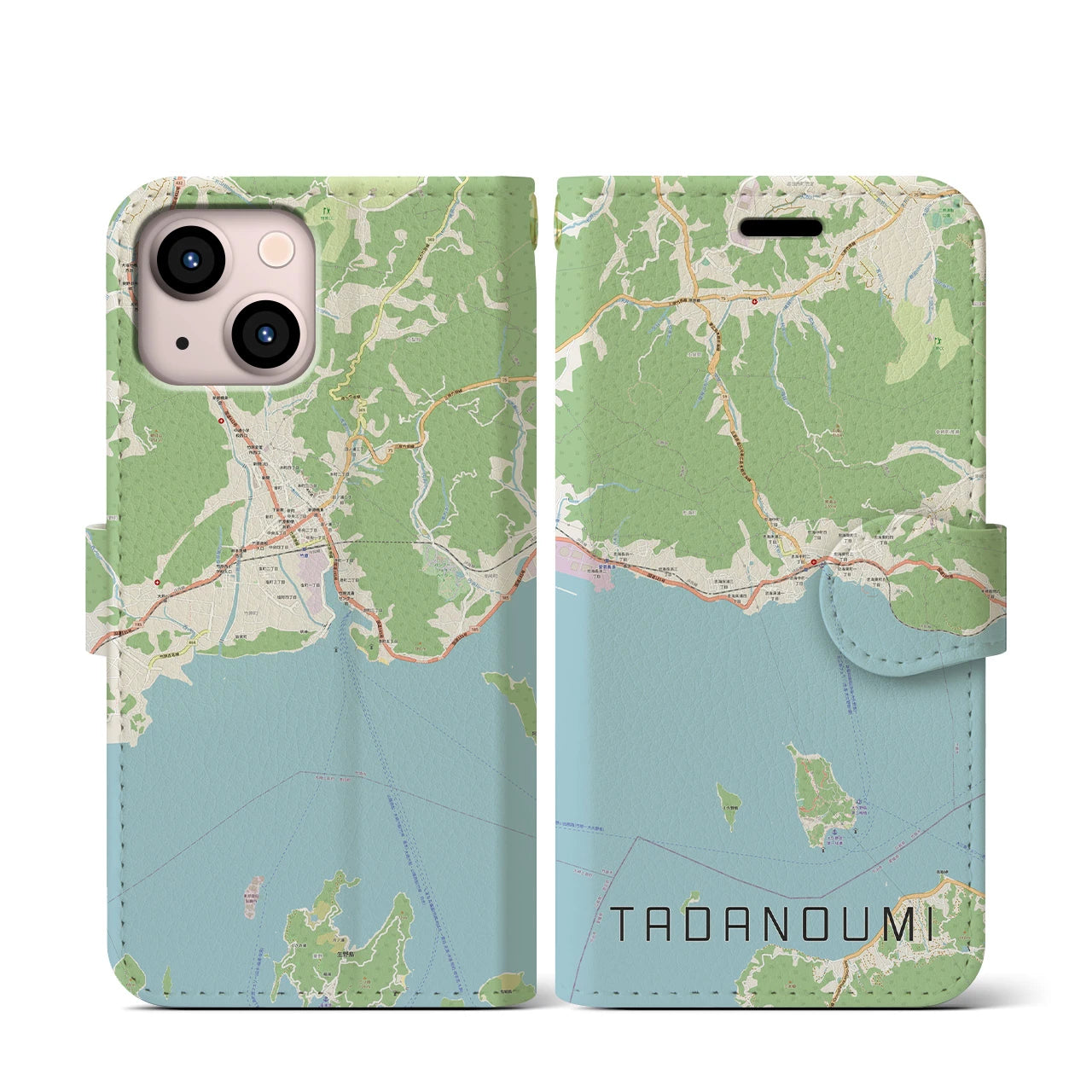 【忠海】地図柄iPhoneケース（手帳両面タイプ・ナチュラル）iPhone 13 mini 用