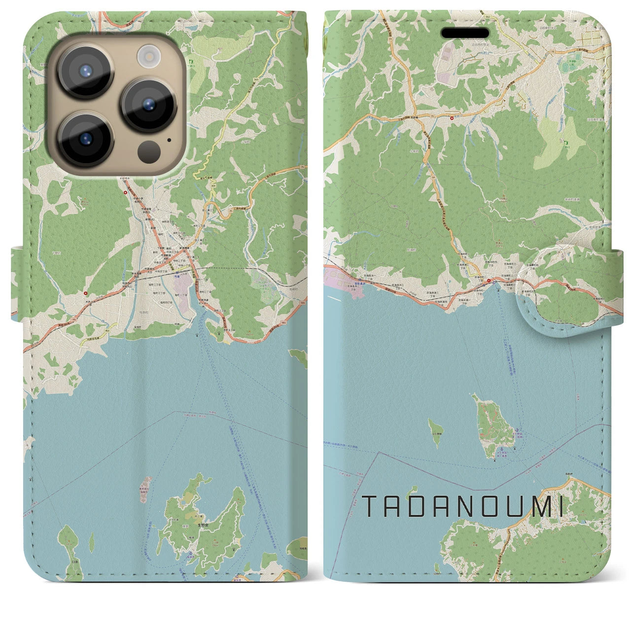 【忠海】地図柄iPhoneケース（手帳両面タイプ・ナチュラル）iPhone 14 Pro Max 用