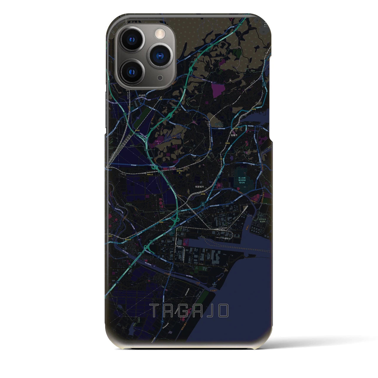 【多賀城】地図柄iPhoneケース（バックカバータイプ・ブラック）iPhone 11 Pro Max 用