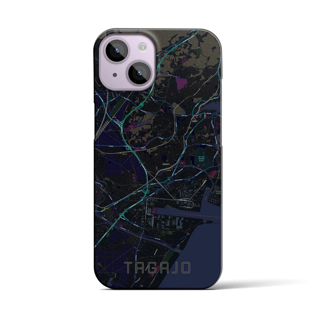 【多賀城】地図柄iPhoneケース（バックカバータイプ・ブラック）iPhone 14 用