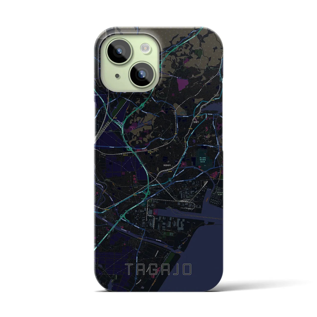 【多賀城】地図柄iPhoneケース（バックカバータイプ・ブラック）iPhone 15 用